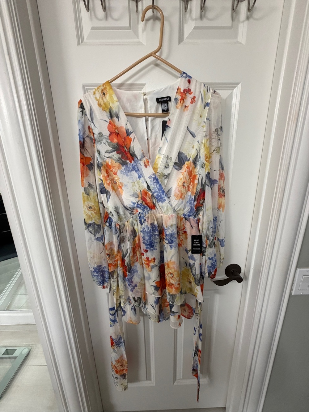 NWT Express White Floral Long-Sleeve Romper — Orange, Yellow, Blue